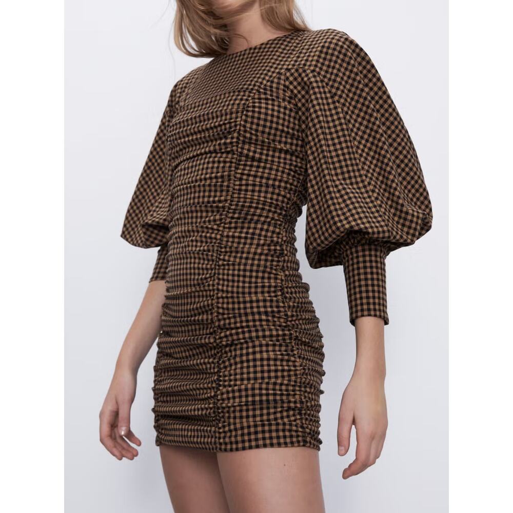 Zara Plaid Puff Sleeve Bodycon Mini Dress S Brown Ruched Balloon Sleeve Draped - Picture 9 of 10